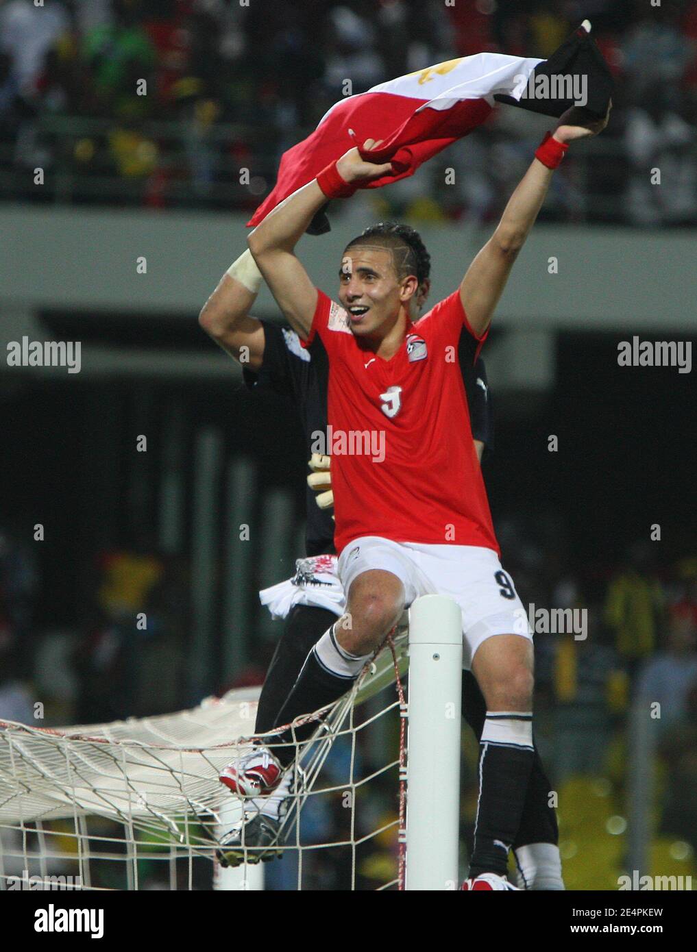 Egypt's Goalkeeper Esam Kamal Tawfik El Hadary and Mohamed Abdalla Mohamed Zidan celebrate during the Final of the 2008 African Cup of Nations soccer tournament, Cameroon vs Egypt in Accra, Ghana on February 10, 2008. Egypt won the match 1-0. Photo by Steeve McMay/Cameleon/ABACAPRESS.COM Stock Photo