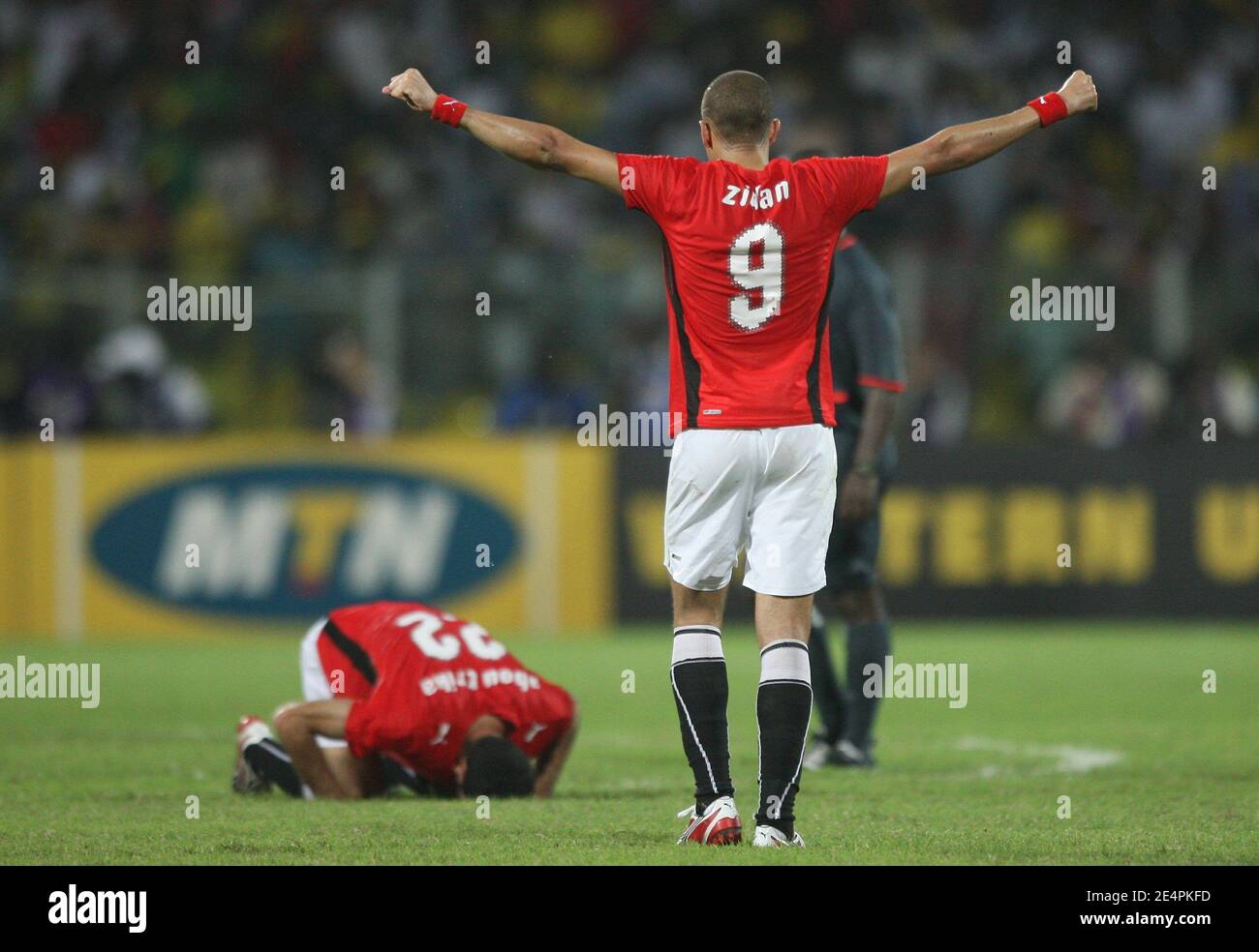 Egypt's Zidan Abdalla Mohamed celebrates after the final whistle during the Final of the 2008 African Cup of Nations soccer tournament, Cameroon vs Egypt in Accra, Ghana on February 10, 2008. Egypt won the match 1-0. Photo by Steeve McMay/Cameleon/ABACAPRESS.COM Stock Photo