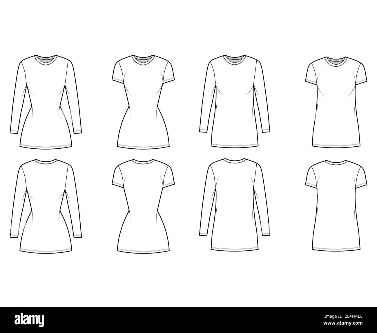 Set of T-shirt mini dresses technical fashion illustration with crew neck, long and short sleeves, oversized and fitted. Flat apparel template front, back, white color. Women, men, unisex CAD mockup Stock Vector