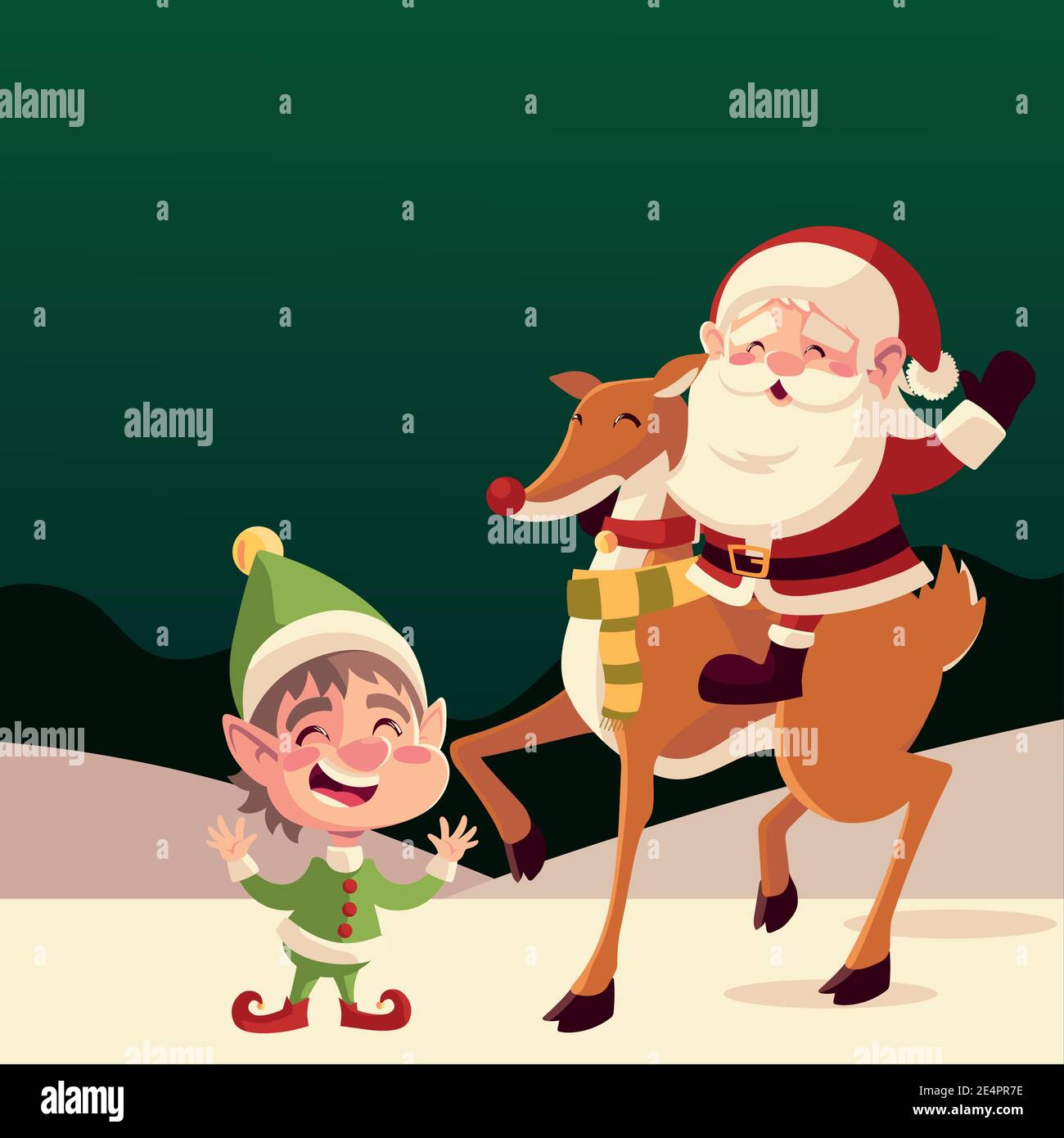 merry christmas cute santa claus in reindeer with helper greeting card ...