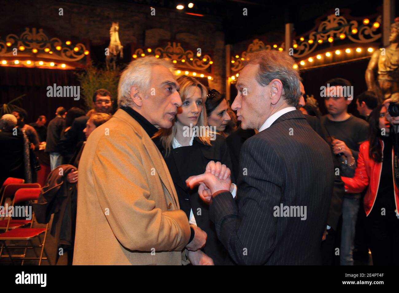 Paris Mayor Bertrand Delanoe and French actor Gerard Darmon and his girlfriend seen during a meeting to support Bertrand Delanoe for mayoral elections at the 'Musee des Arts Forains' in Paris, France, on February 18, 2008. Photo by Ammar Abd Rabbo/ABACAPRESS.COM Stock Photo