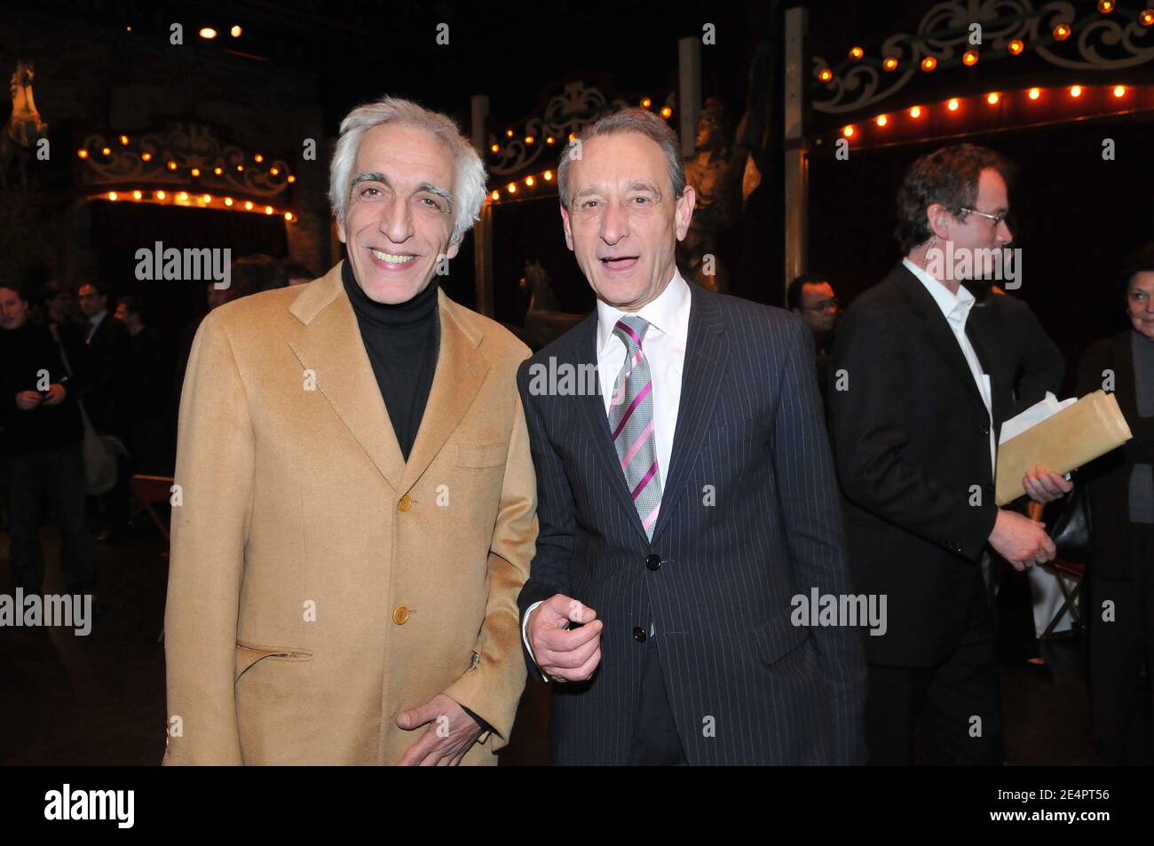 Paris Mayor Bertrand Delanoe and French actor Gerard Darmon seen during a meeting to support Bertrand Delanoe for mayoral elections at the 'Musee des Arts Forains' in Paris, France, on February 18, 2008. Photo by Ammar Abd Rabbo/ABACAPRESS.COM Stock Photo
