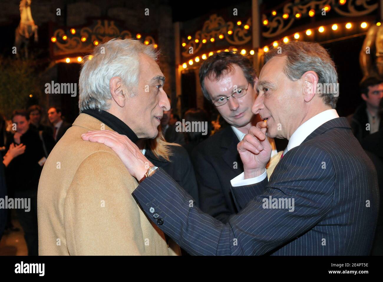 Paris Mayor Bertrand Delanoe and French actor Gerard Darmon seen during a meeting to support Bertrand Delanoe for mayoral elections at the 'Musee des Arts Forains' in Paris, France, on February 18, 2008. Photo by Ammar Abd Rabbo/ABACAPRESS.COM Stock Photo