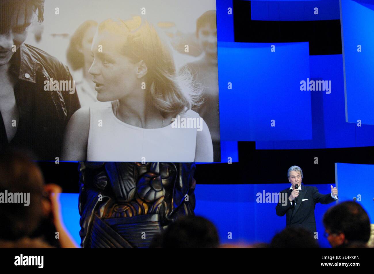 French movie star Alain Delon pays tribute to Romy Schneider during the 33rd Cesar (French cinema awards) ceremony held at the Theatre du Chatelet in Paris, France, on February 22, 2008. Photo by Guignebourg-Khayat/ABACAPRESS.COM Stock Photo