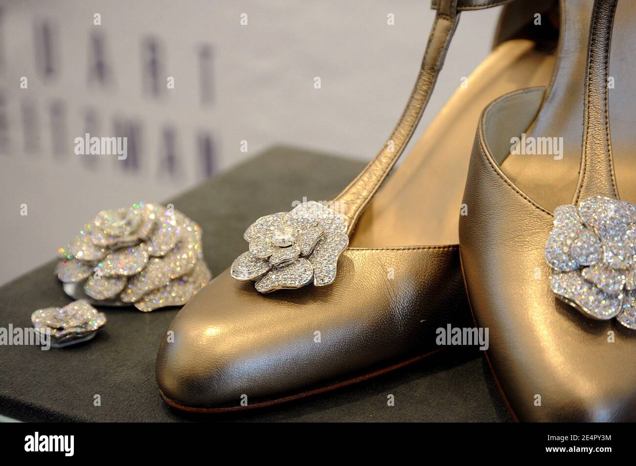 The Stuart Weitzman Retro Rose Kwiat diamond encrusted shoes worth over $1  million to be worn be writer-director Academy Award nominee Diablo Cody, on  display in the Stuart Weitzman Rodeo Drive Store
