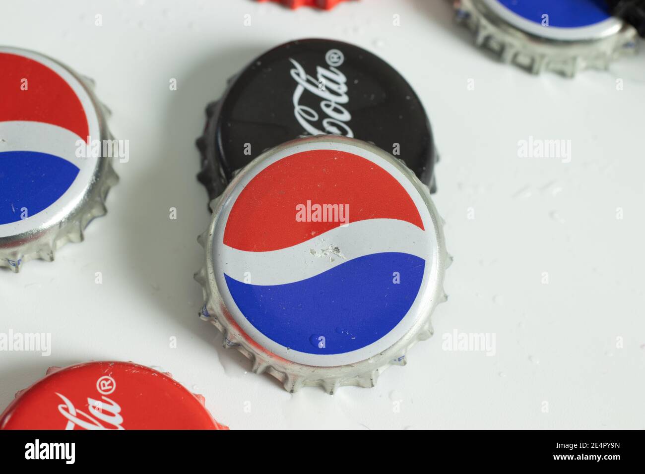 New York, USA - 1 January 2021: Pepsi logo on bottle cap closeup top view, Illustrative Editorial Stock Photo