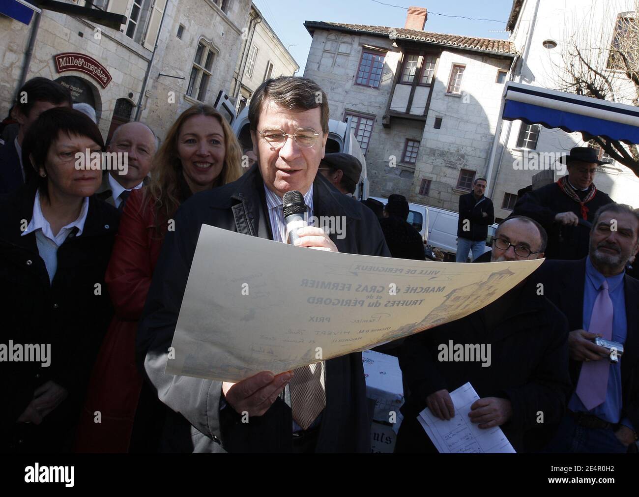 Education minister Xavier Darcos, campaigns for mayoral election in Perigueux, France, on February 24, 2008. Photo by Patrick Bernard/ABACAPRESS.COM Stock Photo
