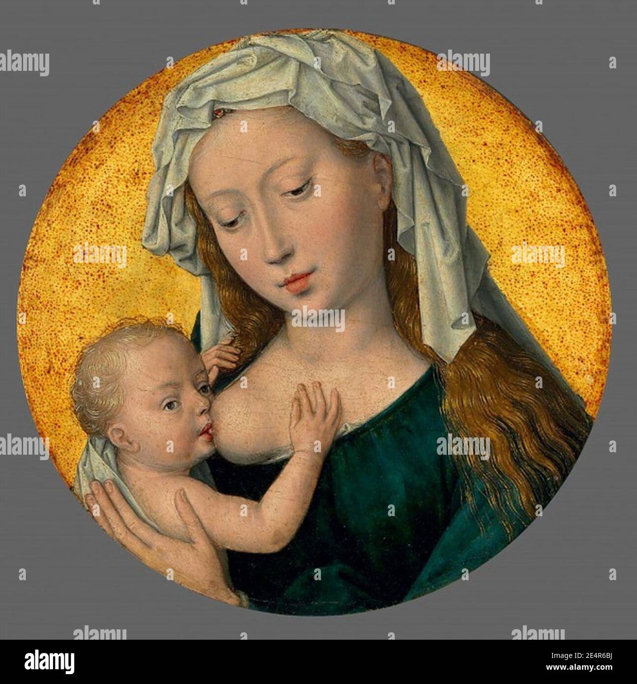 Hans Memling , The Virgin Mary nursing the Christ Child. Oil and gold on panel, circular, (17.4 cm.) diameter. Christie's. Stock Photo