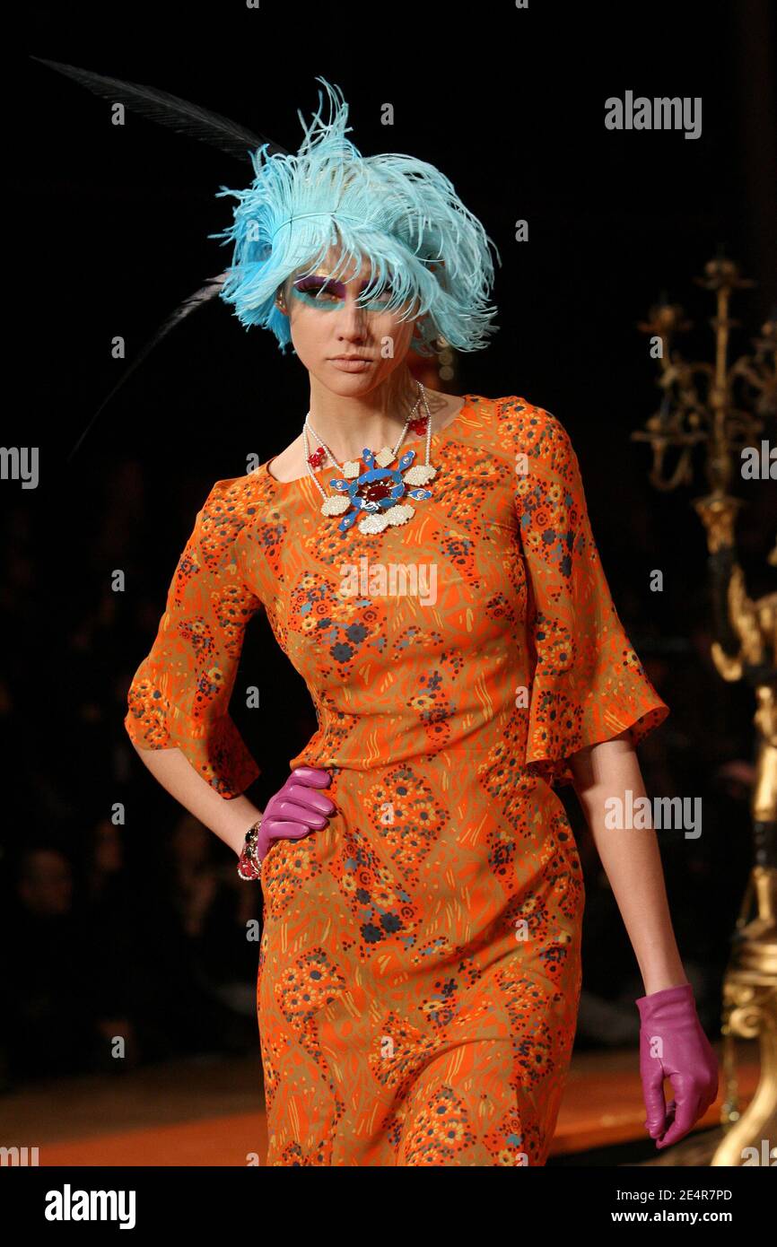 A model displays a creation by British designer John Galliano for his  Fall-Winter 2008-2009 Ready-to-Wear Collection show held at The Grande  Halle Villette in Paris, France on March 1, 2008. Photo by
