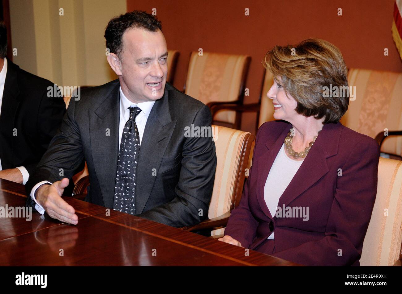 Actor and Producer Tom Hanks meets with Speaker Nancy Pelosi at the Capitol in Washington, DC, USA, during a presentation of the HBO new mini-series John Adams, on March 5, 2008 . Photo by Olivier Douliery /ABACAPRESS.COM Stock Photo