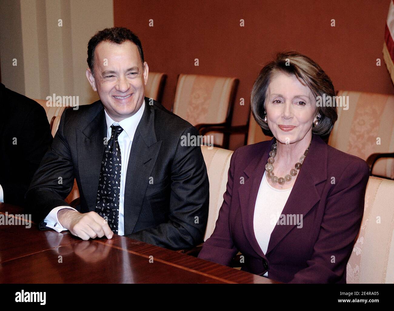 Actor and Producer Tom Hanks meets with Speaker Nancy Pelosi at the Capitol in Washington, DC, USA, during a presentation of the HBO new mini-series John Adams, on March 5, 2008 . Photo by Olivier Douliery /ABACAPRESS.COM Stock Photo