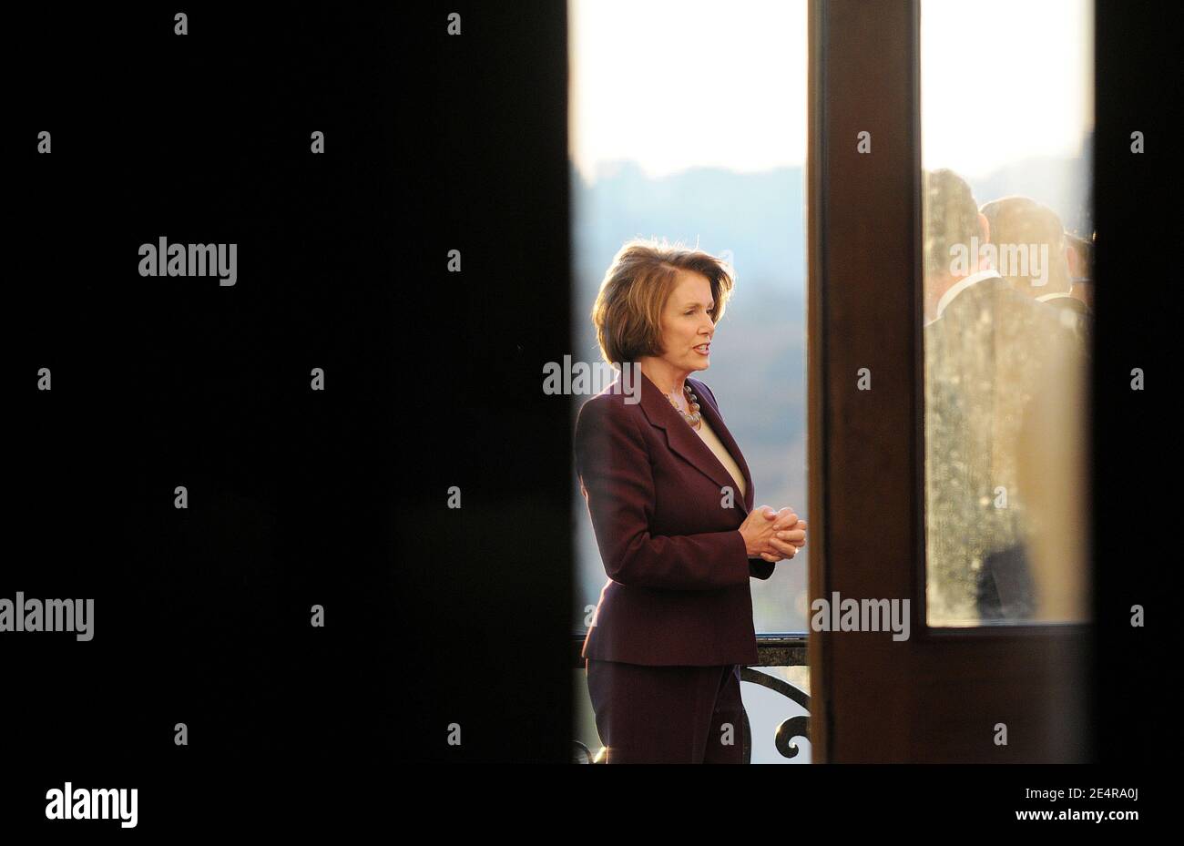 Speaker Nancy Pelosi stands outside her balcony at the Capitol in Washington, DC, USA, during a presentation of the HBO new mini-series John Adams, on March 5, 2008 . Photo by Olivier Douliery /ABACAPRESS.COM Stock Photo