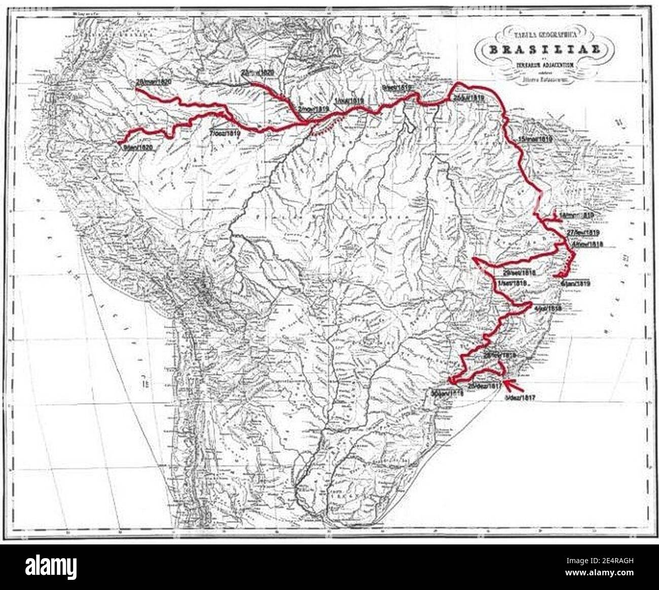 Martius and Spix route in Brazil 1817-1820. Stock Photo