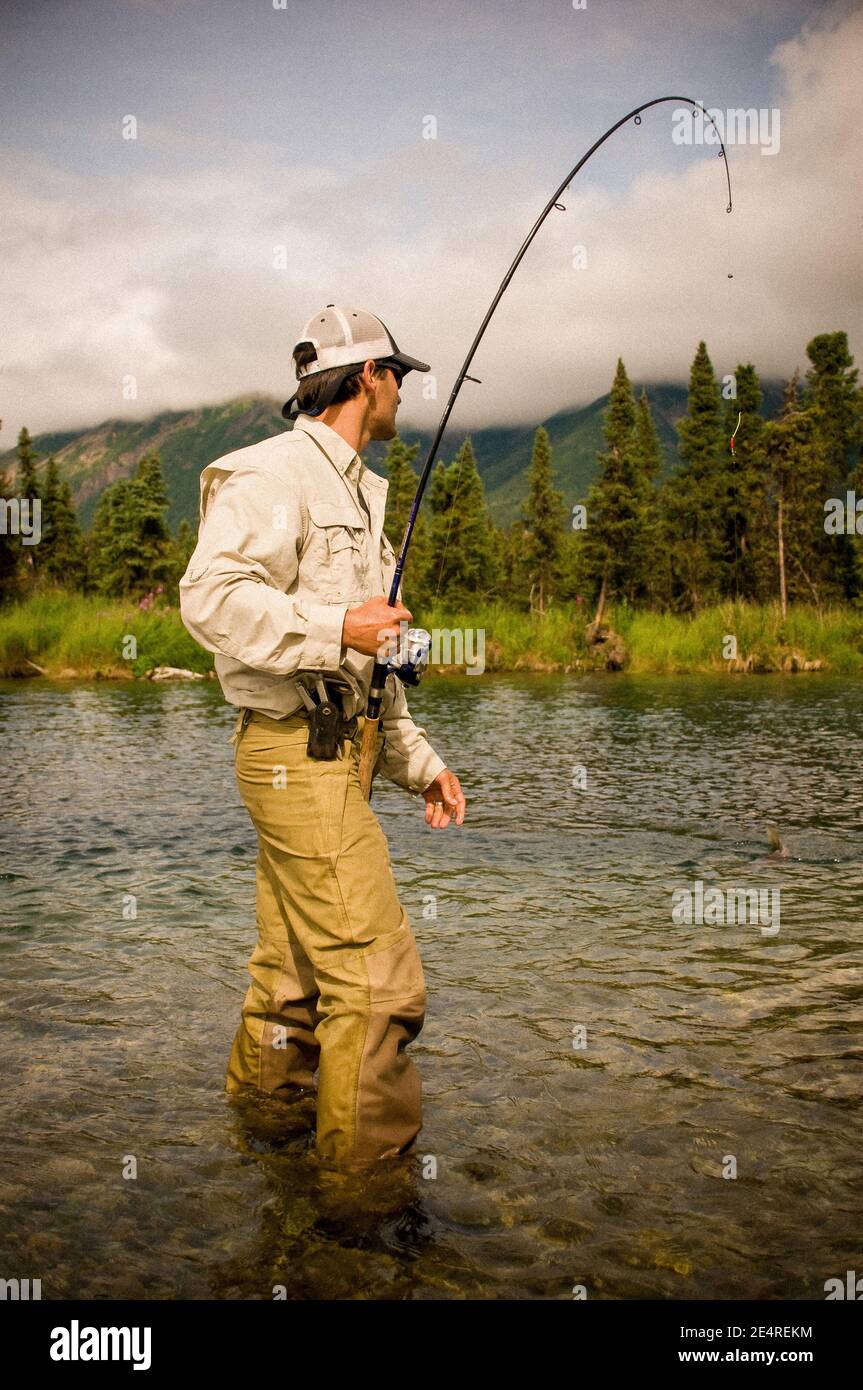 Salmon Fishing on Kijik Lake near Lake Clark National Park, Alaska (MRA) Stock Photo