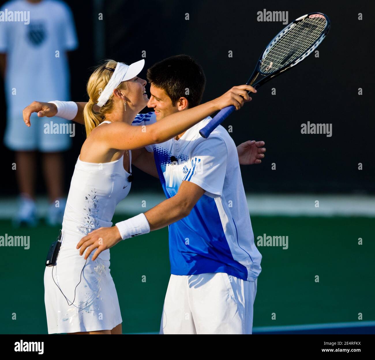 Maria Sharapova and Novak Djokovic playing a doubles exhibition at the 4th  Annual K-Swiss Desert Smash Charity Celebrity Tennis Event at the La Quinta  Resort in Palm Springs, CA, USA on March