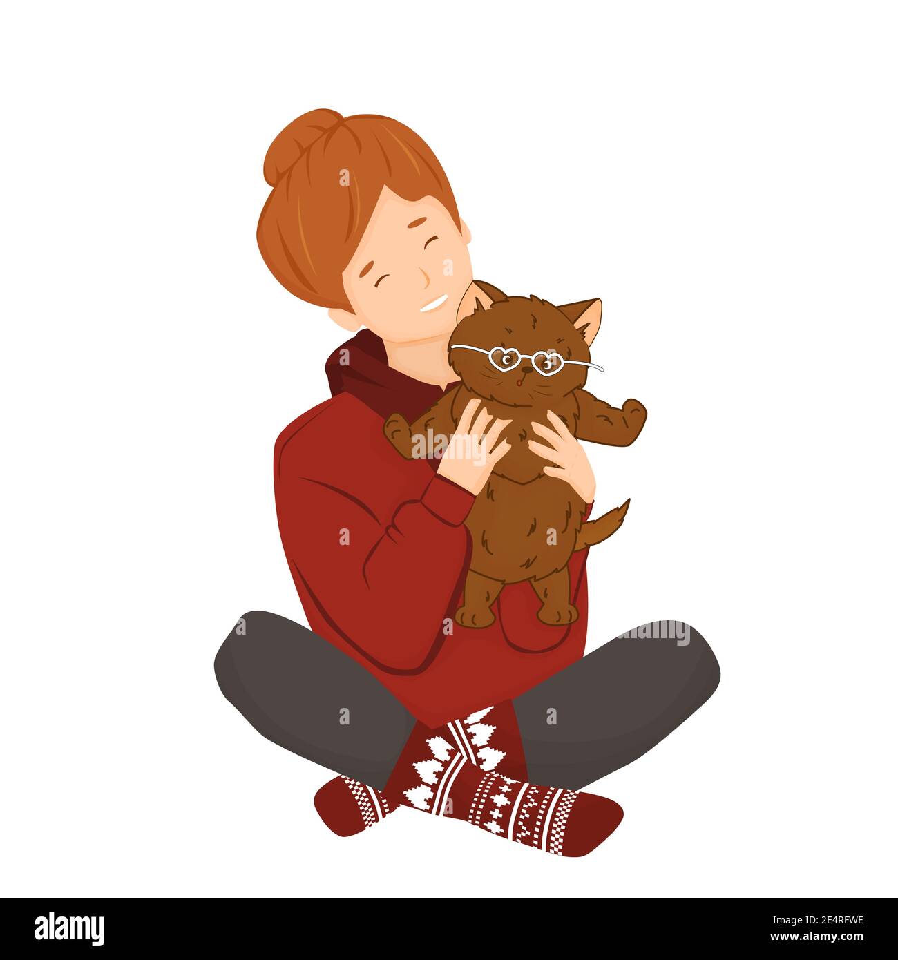 Isolated Red cute girl in hoodie and knitted socks holds a cute fluffy brown cat or kitten. She and pet are getting ready for Valentines Day. The cat has white heart-shaped glasses on its face Stock Vector