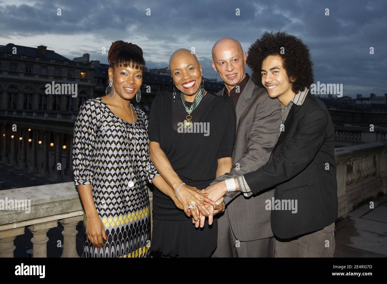 jazz singer Dee Dee Bridgewater with China Moses his daughter, Jean Marie  Durand his husband, and Gabriel Durand his son after being awarded with th  'Knight of the Order of Arts and