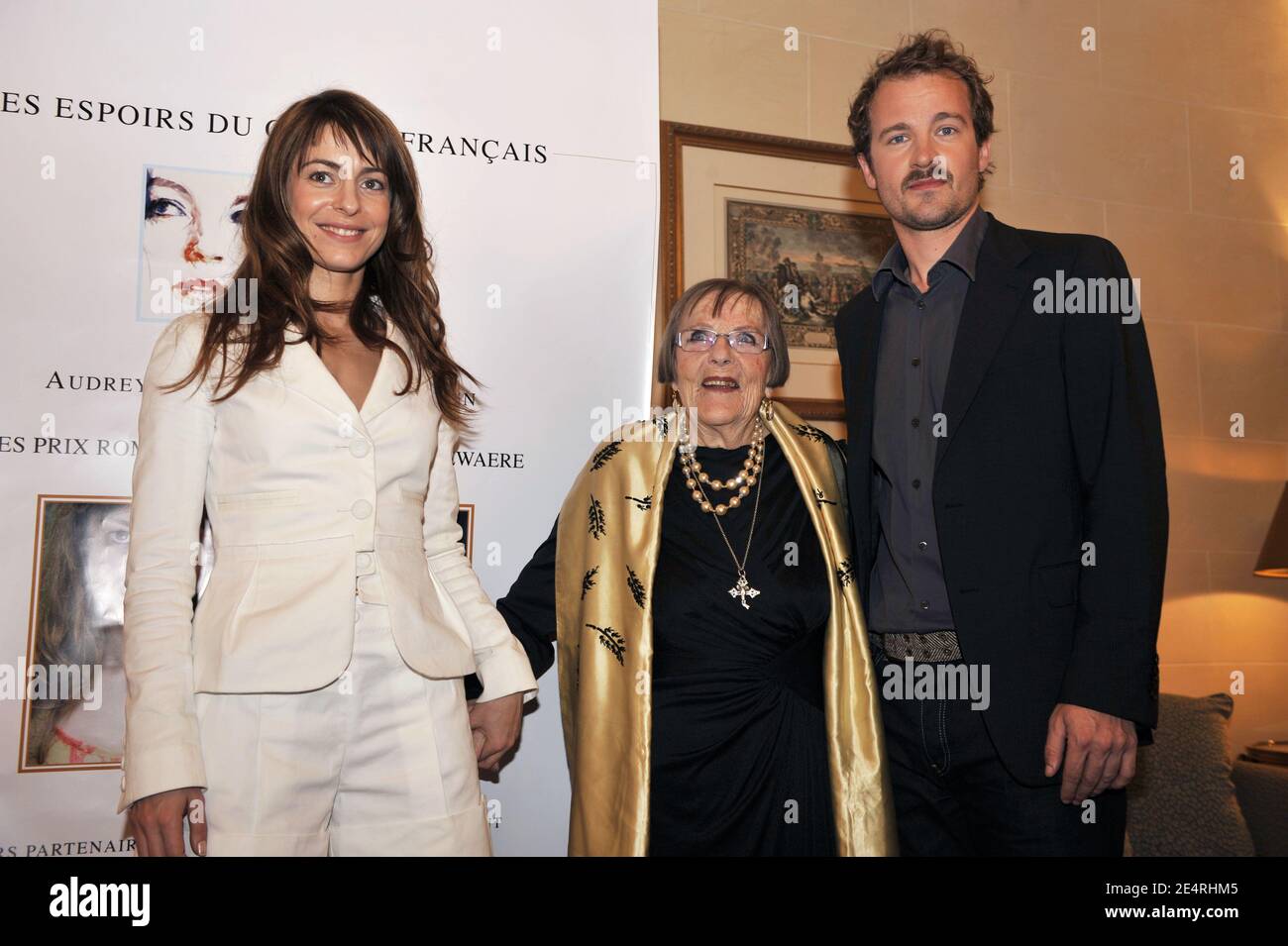 French actors Audrey Dana and Jocelyn Quivrin, winners of cinema prize 'Prix Romy Schneider-Patrick Dewaere 2008' meet with Patrick Dewaere's mother Mado Maurin inside Royal Monceau Hotel in Paris, France on March 17, 2008 prior to the official award ceremony. Photo by Christophe Guibbaud/ABACAPRESS.COM Stock Photo