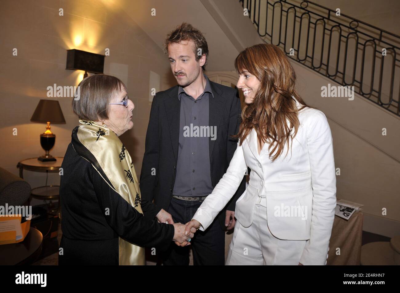 French actors Audrey Dana and Jocelyn Quivrin, winners of cinema prize 'Prix Romy Schneider-Patrick Dewaere 2008' meet with Patrick Dewaere's mother Mado Maurin inside Royal Monceau Hotel in Paris, France on March 17, 2008 prior to the official award ceremony. Photo by Christophe Guibbaud/ABACAPRESS.COM Stock Photo