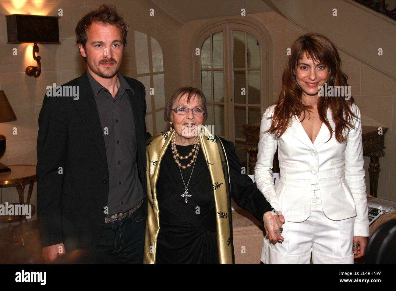 French actors Audrey Dana and Jocelyn Quivrin, winners of cinema prize 'Prix Romy Schneider-Patrick Dewaere 2008' meet with Patrick Dewaere's mother Mado Maurin inside Royal Monceau Hotel in Paris, France on March 17, 2008 prior to the official award ceremony. Photo by Benoit Pinguet/ABACAPRESS.COM Stock Photo