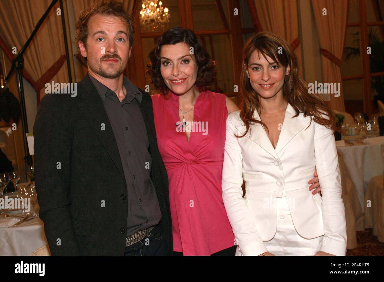 French TV presenter Daphne Roulier poses with French actors Audrey Dana and Jocelyn Quivrin, winners of cinema prize 'Prix Romy Schneider-Patrick Dewaere 2008' held at 'Royal Monceau' Hotel in Paris, France on March 17, 2008. Photo by Benoit Pinguet/ABACAPRESS.COM Stock Photo