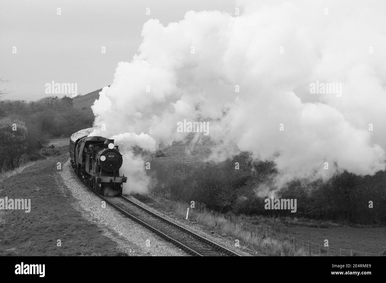 '30120' and Manston' double heading south of Corfe Castle. Stock Photo