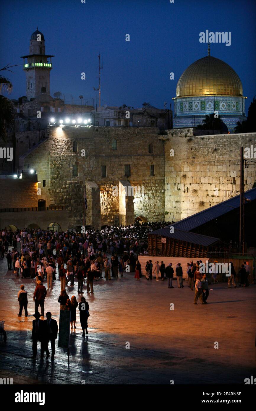 View of the Dome of the Rock and the Western Wall at the old city of Jerusalem, during celebration of the Jewish holiday of Purim on March 21, 2008. Purim is a Jewish holiday that commemorates the deliverance of the Jewish people of the ancient Persian Empire from Haman's plot to annihilate them, as recorded in the Biblical Book of Esther. Photo by Corentin Fohlen/ABACAPRESSS.COM Stock Photo