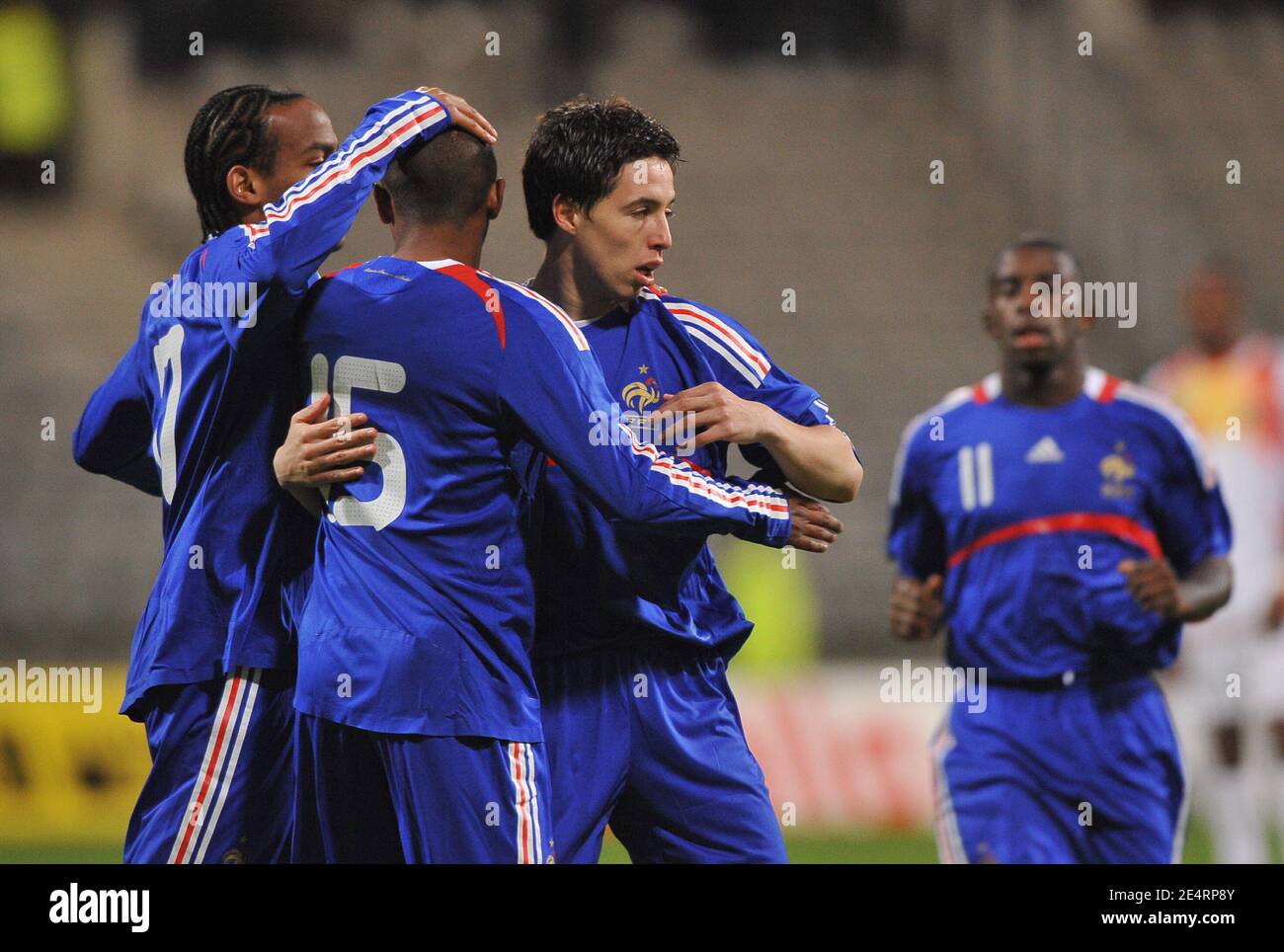 (L-R) France's Jimmy Briand, Florent Sinama Pongolle, Samir Nasri and Rio Antonio Mavuba celebrate the first goal during the friendly soccer match, France A' vs Mali at the Charlety stadium in Paris, France on March 25, 2008. France defeats Mali 3-2. Photo by Steeve McMay/Cameleon/ABACAPRESS.COM Stock Photo