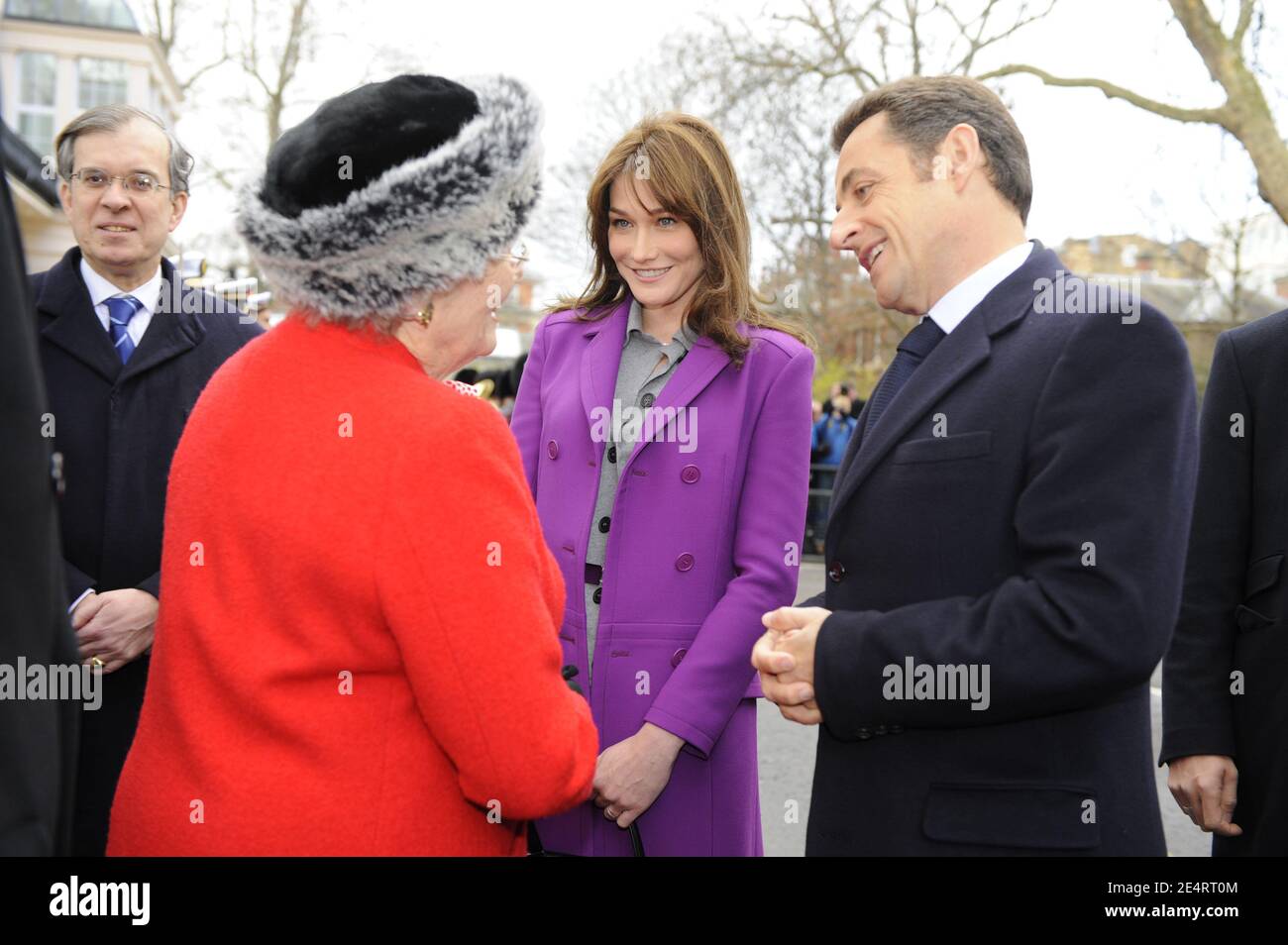 French President Nicolas Sarkozy his wife Carla Bruni-Sarkozy and Sir Winston Churchill daughter Lady Soames attend the laying of a wreath at the Statue of Charles De Gaulle, in London, England on March 27, 2008. Photo by Christophe Guibbaud/ABACAPRESS.COM Stock Photo