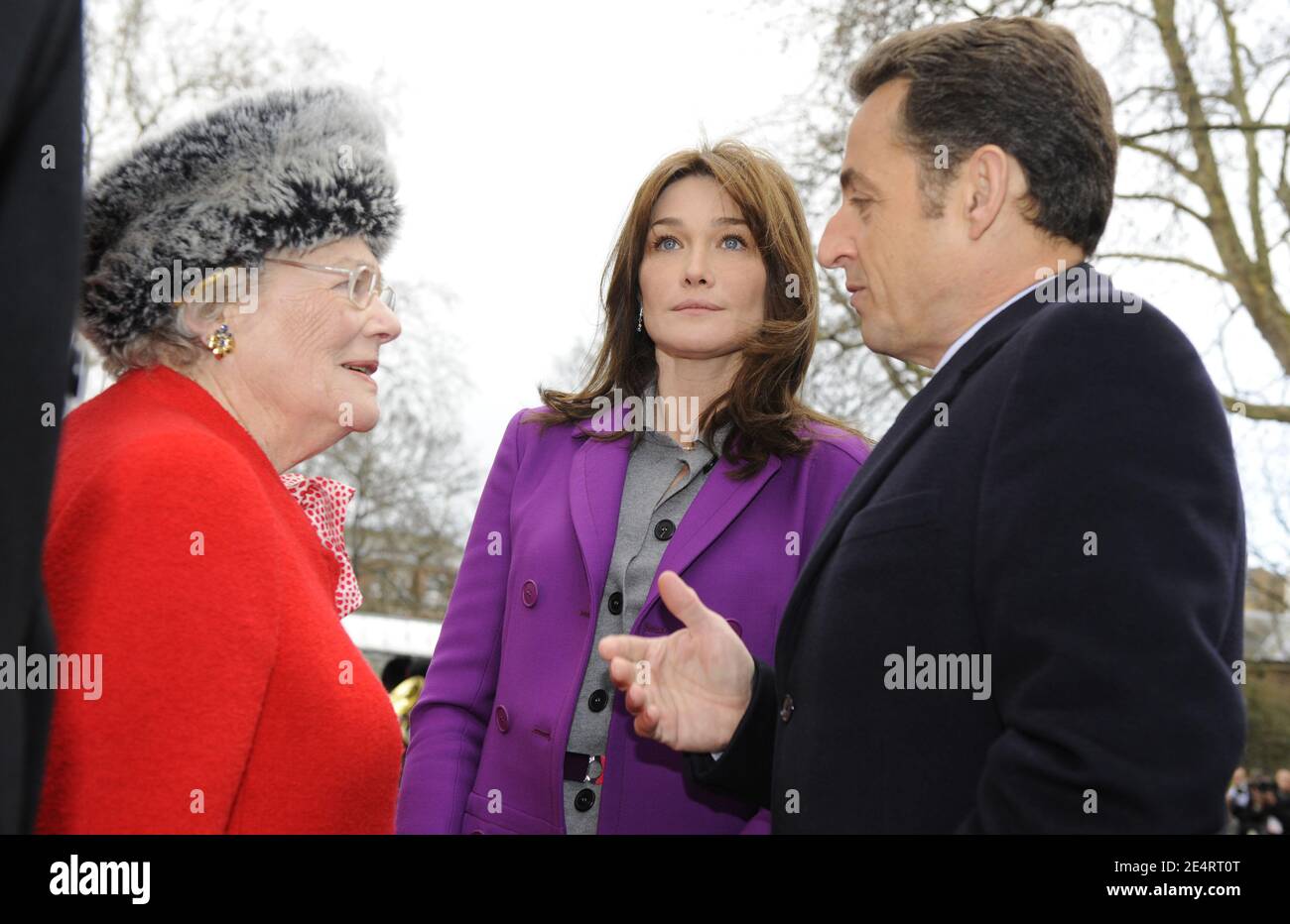 French President Nicolas Sarkozy his wife Carla Bruni-Sarkozy and Sir Winston Churchill daughter Lady Soames attend the laying of a wreath at the Statue of Charles De Gaulle, in London, England on March 27, 2008. Photo by Christophe Guibbaud/ABACAPRESS.COM Stock Photo