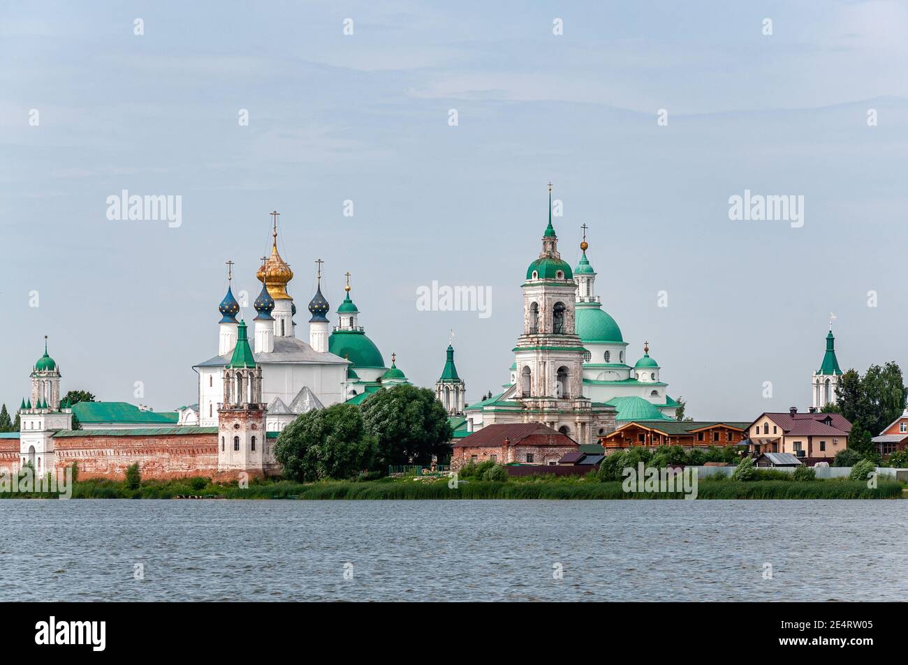 View of Spaso-Yakovlevsky Monastery in Rostov from Nero's lake. Stock Photo