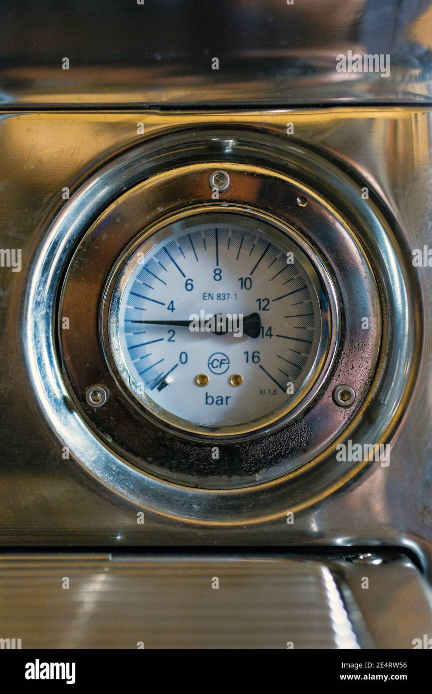 Close Up of  Espresso Coffee Machine with Pressure Gauge in A cafe. Stock Photo