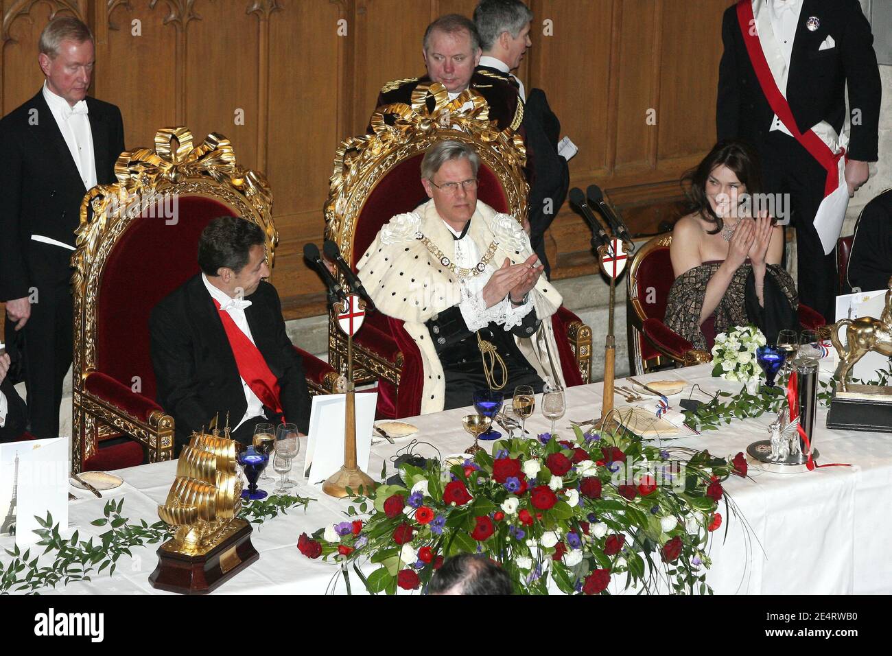 French President Nicolas Sarkozy and his wife Carla Bruni-Sarkozy attend a diner offered by London city mayor, David Lewis at the Guildhall in London, UK on March 27, 2008. Photo by Alain Benainous/Pool/ABACAPRESS.COM Stock Photo