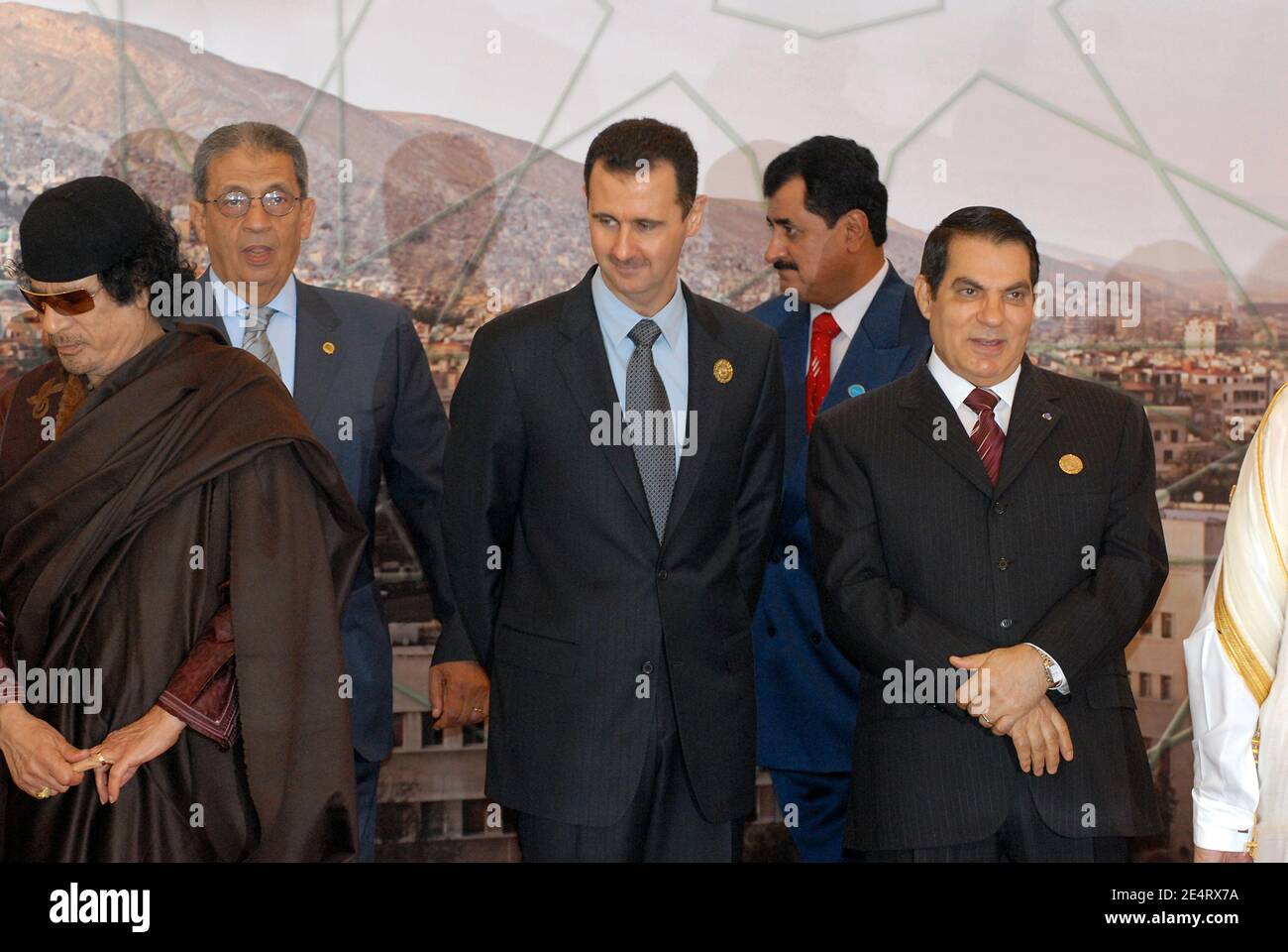 Libyan Muammar Gaddafi, Arab League General Secretary Amr Moussa, Syrian president Bashar Al Assad, Tunisian Zine El Abidine Ben Ali seen during group photo of Arab leaders prior to the inaugural session of the 20th Arab League leaders summit in Damascus, Syria, on March 29, 2008. Photo by Ammar Abd Rabbo/ABACAPRESS.COM Stock Photo