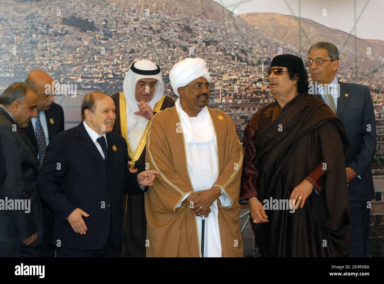 Algerian Abdelaziz Bouteflika, Sudan's Omar Hassan Bashir, Libyan Muammar Gaddafi, Arab League General Secretary Amr Moussa, seen during group photo of Arab leaders prior to the inaugural session of the 20th Arab League leaders summit in Damascus, Syria, on March 29, 2008. Photo by Ammar Abd Rabbo/ABACAPRESS.COM Stock Photo