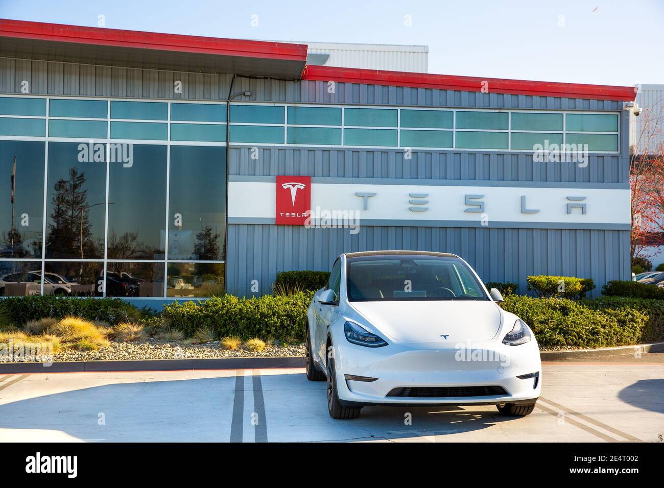 Fremont, CA, USA - January 20, 2021: Tesla factory plant,  an American electric vehicle and clean energy company based in Palo Alto, California Stock Photo