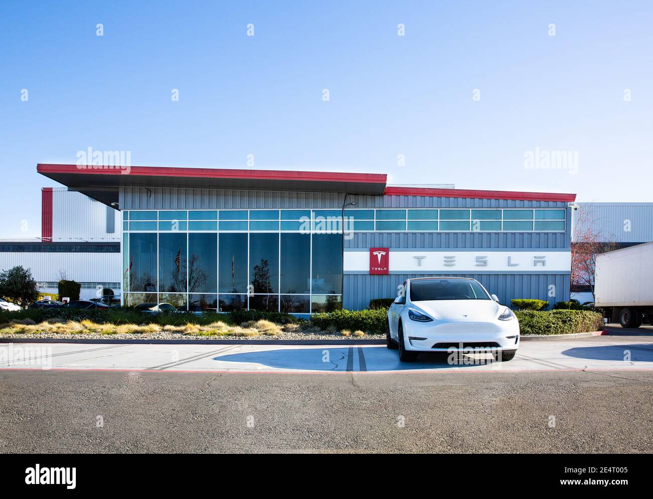 Fremont, CA, USA - January 20, 2021: Tesla factory plant,  an American electric vehicle and clean energy company based in Palo Alto, California Stock Photo