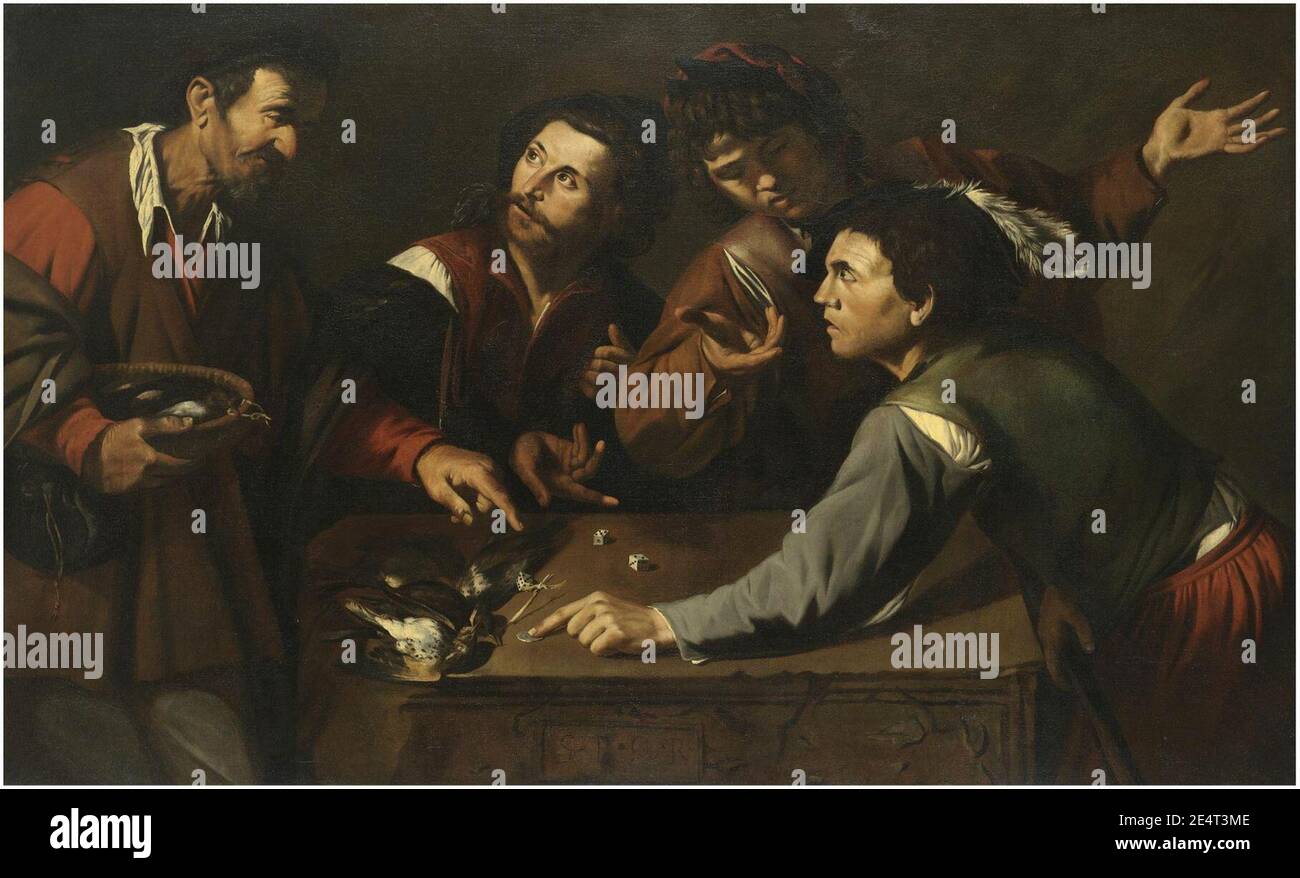 Master of the Gamblers - Dice-players and a bird-seller gathered around a stone slab. Stock Photo