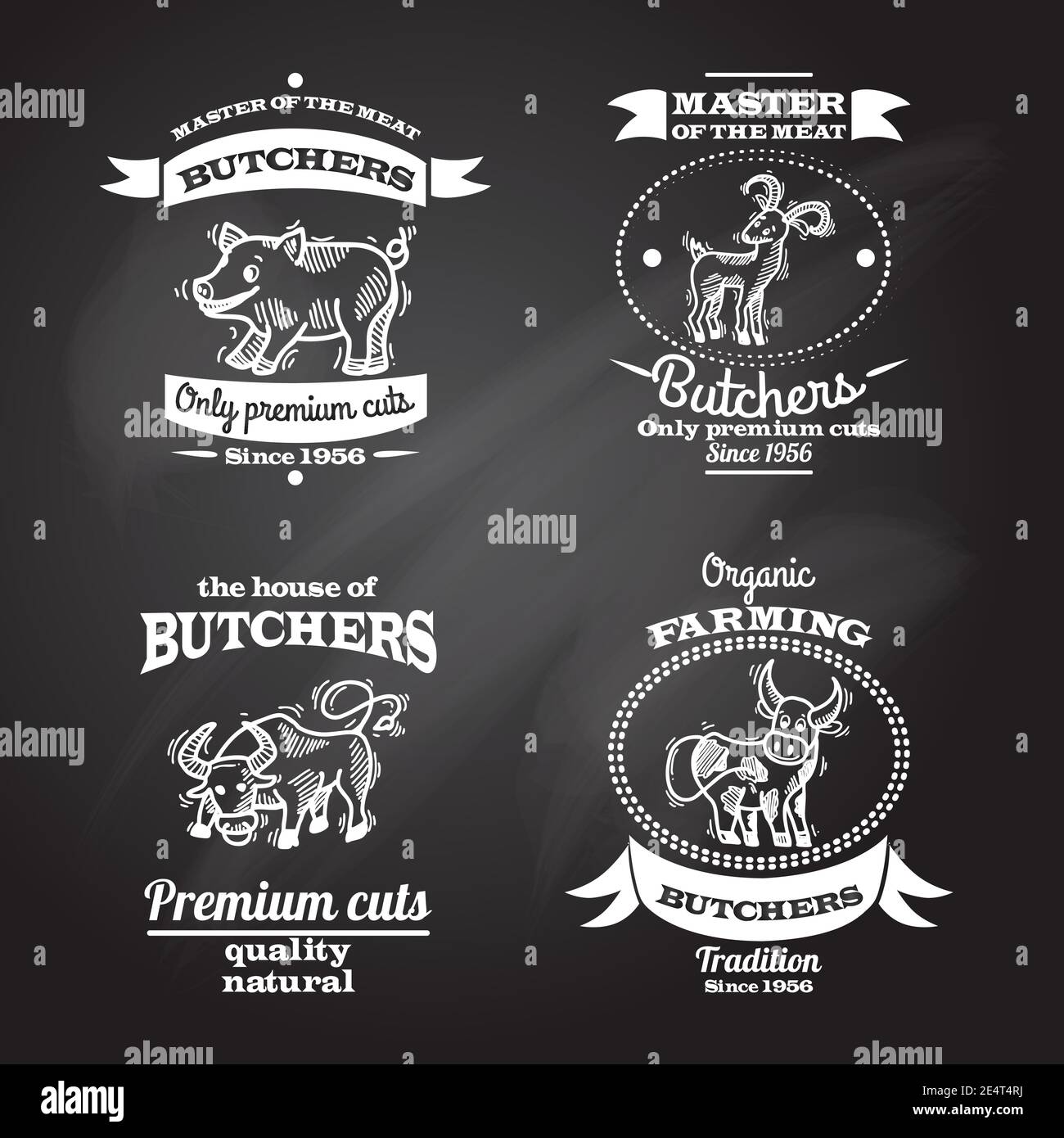 Farm animals premium organic meat chalkboard label set isolated vector illustration Stock Vector