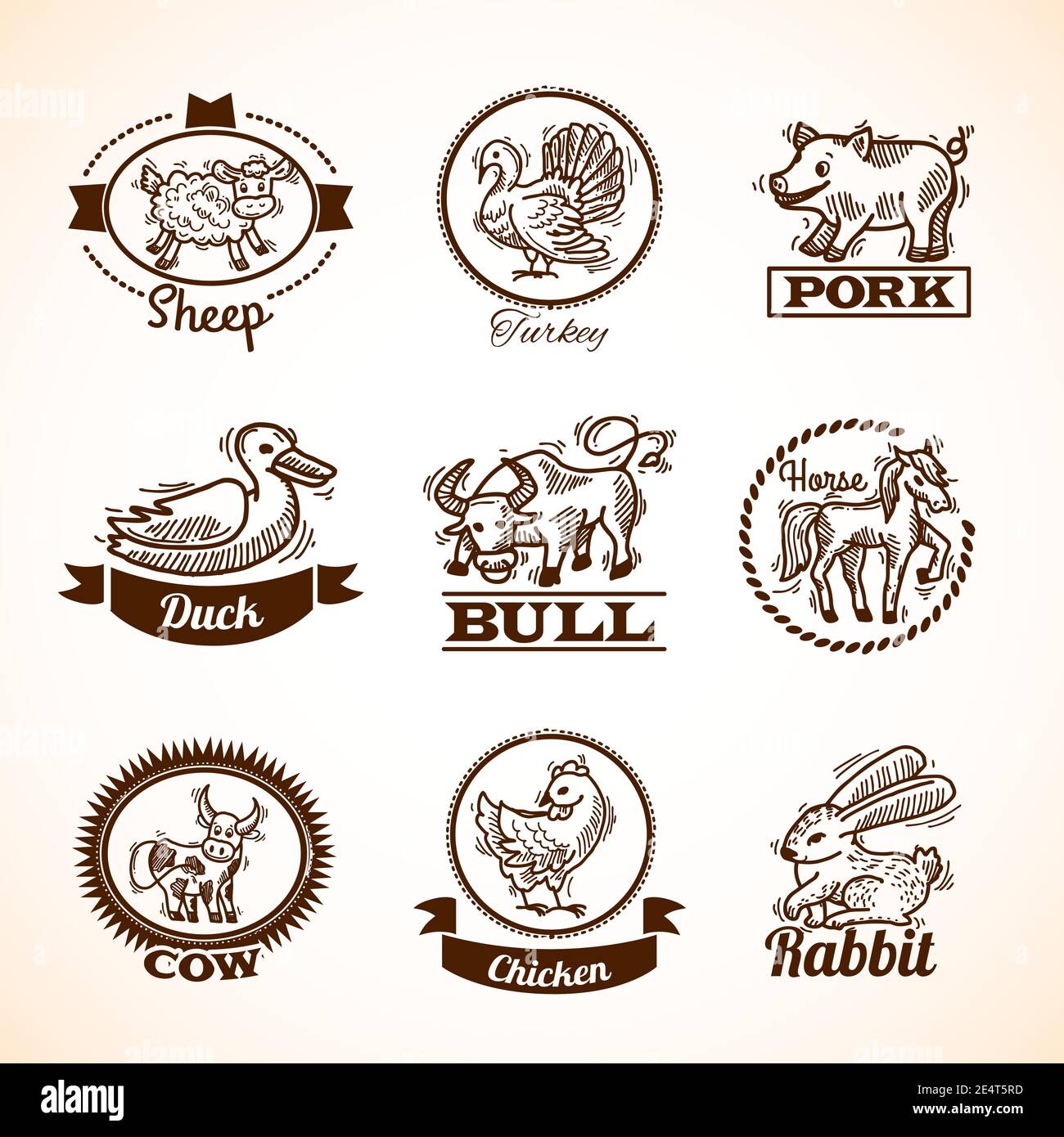 Farm hand drawn labels set with sheep turkey duck bull horse isolated ...