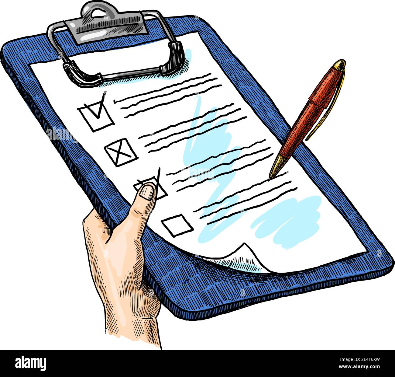 Sketch hand with clipboard checklist and pen isolated on white