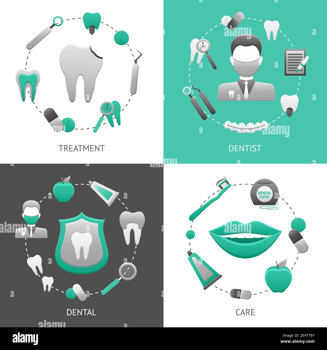 Dental design concept set with treatment dentist care flat icons ...