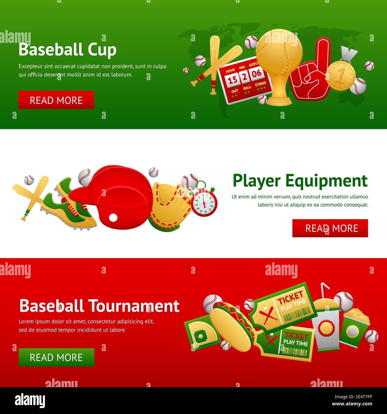 Baseball game horizontal banner set with cup player equipment and tournament elements isolated vector illustration Stock Vector