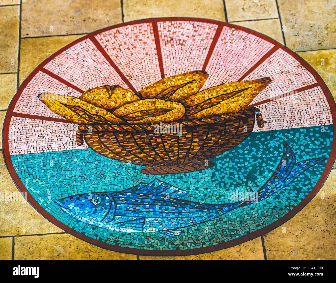 Colorful Bread Fish Mosaic Basilica Notre Dame Cathedral Papaeete Tahiti French Polynesia. Reference to Jesus feeding the multitudes Stock Photo