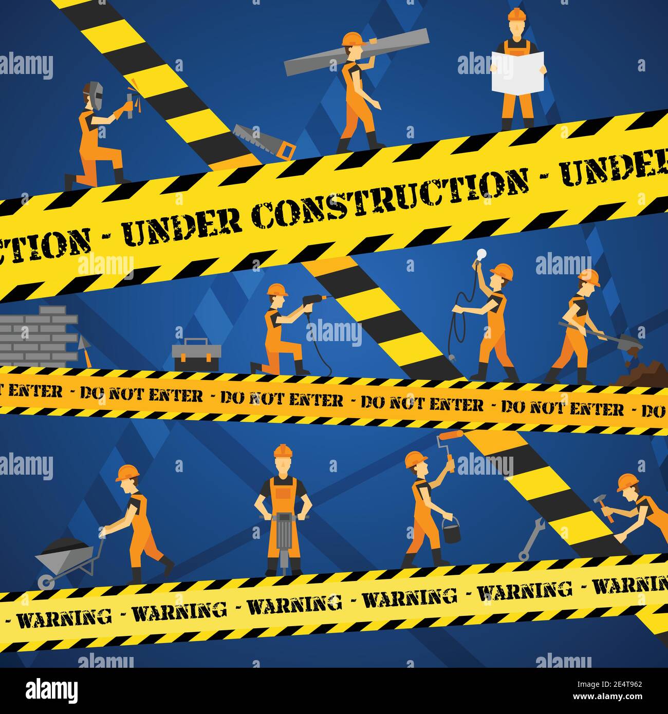Under construction poster with workmen and yellow restriction line vector illustration Stock Vector