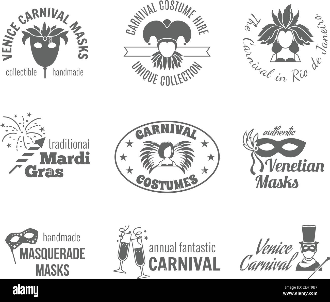 Carnival venetian and brazilian traditional masks and costumes label black set isolated vector illustration Stock Vector