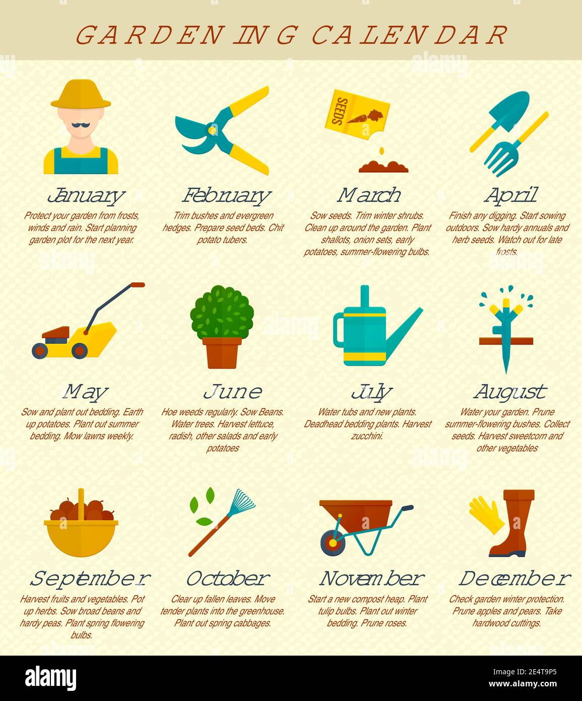 Garden and farming calendar with season plant growing activities vector