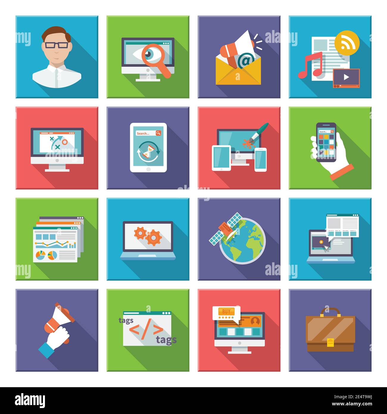 Seo internet marketing computer design elements flat icon set isolated vector illustration Stock Vector