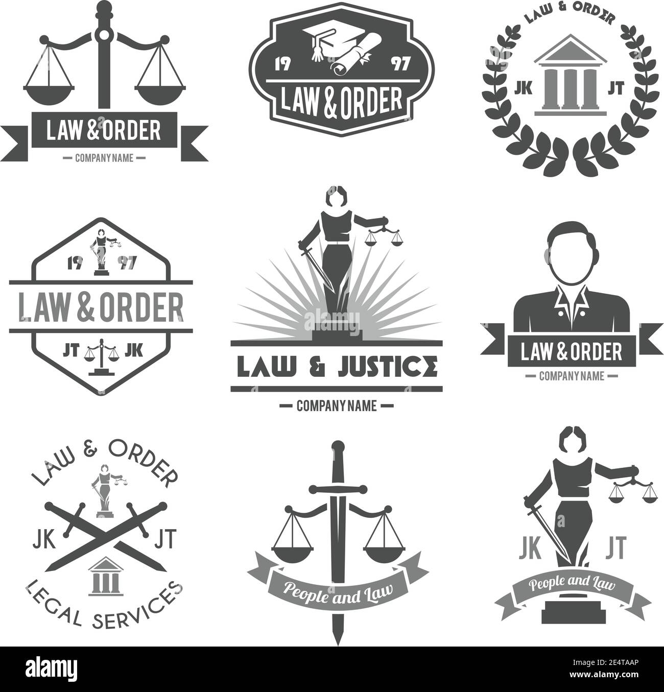 Law order and crime preventing lady justice symbols collection black graphic labels pictograms set isolated vector illustration Stock Vector