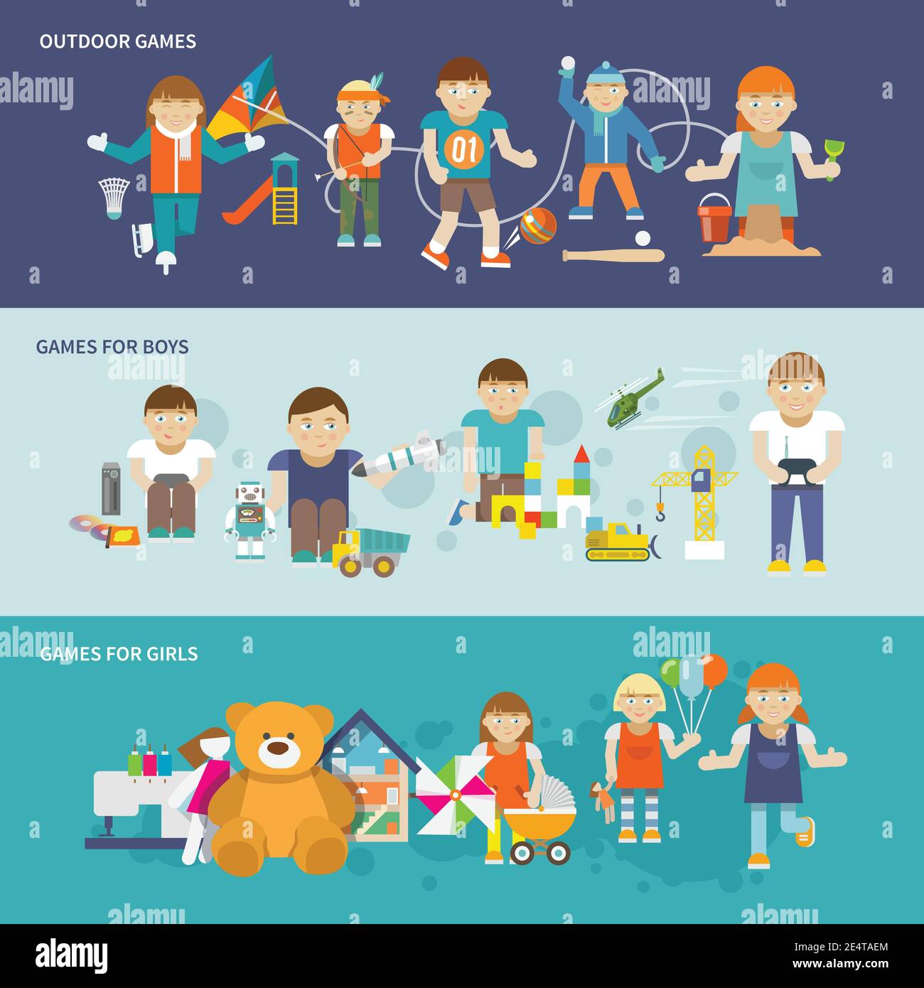 Kids playing flat banner set with girls and boys outdoor games isolated